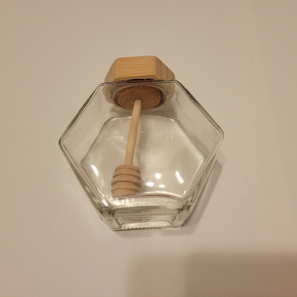 Hexagonal Glass Honey Jar with Wooden Dipper